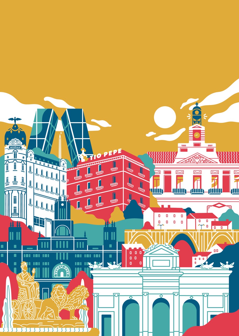 Illustration of Madrid for the campaign: the Kio towers, the Tío Pepe sign, the Puerta de Alcalá and the Cibeles fountain in flat colour