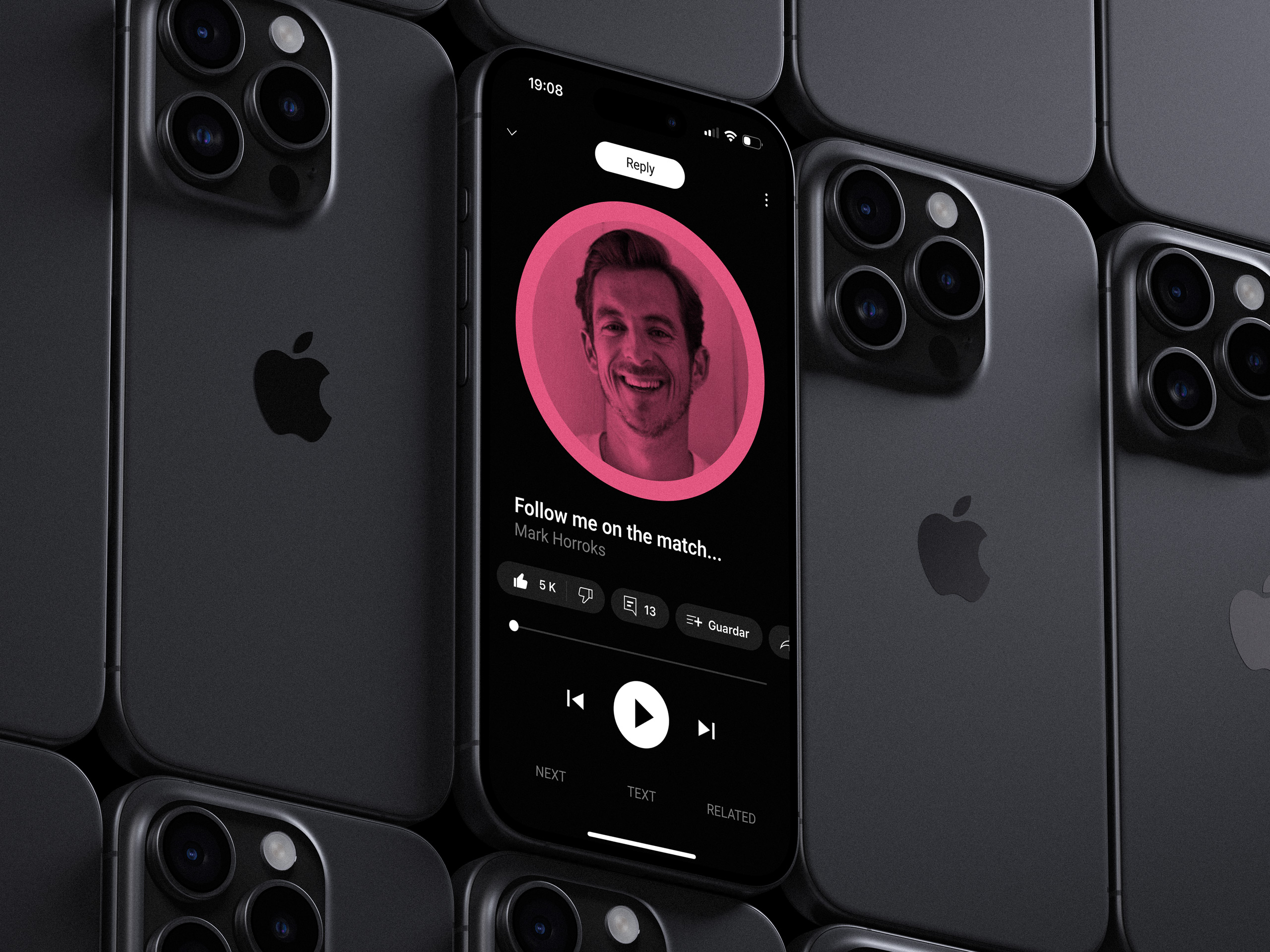 The Echo player: a smiling man in a pink circle, the start of his echo, reactions, and tabs for next, text and related