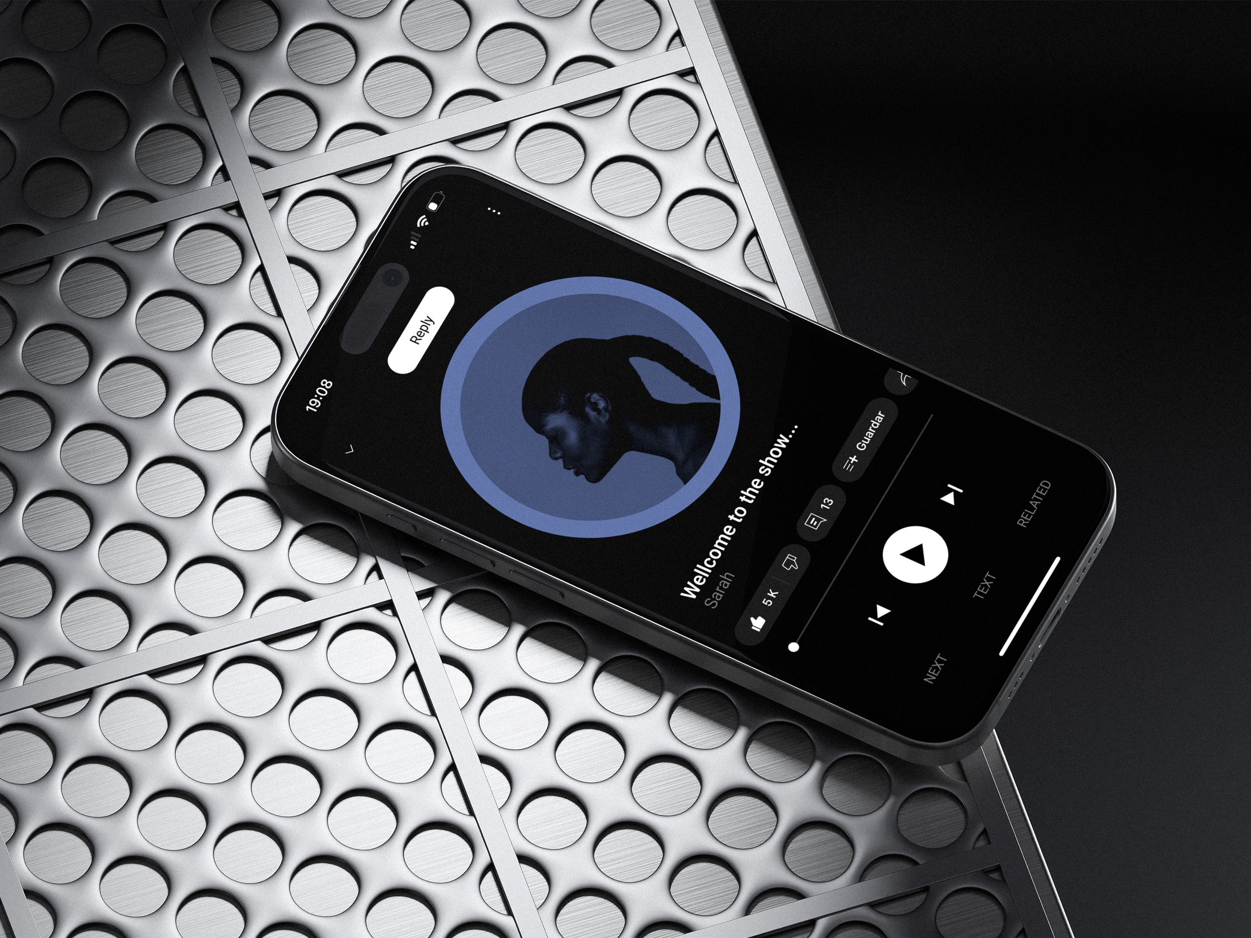 The Echo player on a phone lying on a perforated metal surface